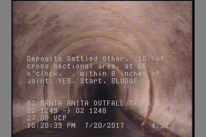 Deposits Settled Other, 10 %of cross sectional area, at 06 o'clock, , within 8 inches of joint: YES, Start - SLUDGE