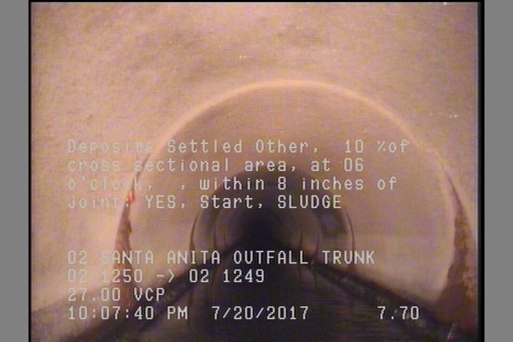 Deposits Settled Other, 10 %of cross sectional area, at 06 o'clock, , within 8 inches of joint: YES, Start - SLUDGE