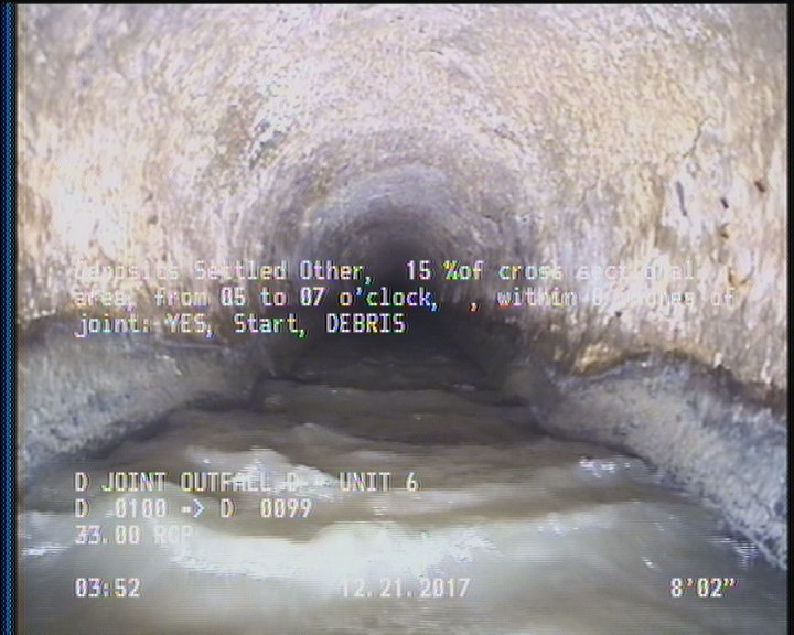 Deposits Settled Other, 15 %of cross sectional area, from 05 to 07 o'clock, , within 8 inches of joint: YES, Start - DEBRIS