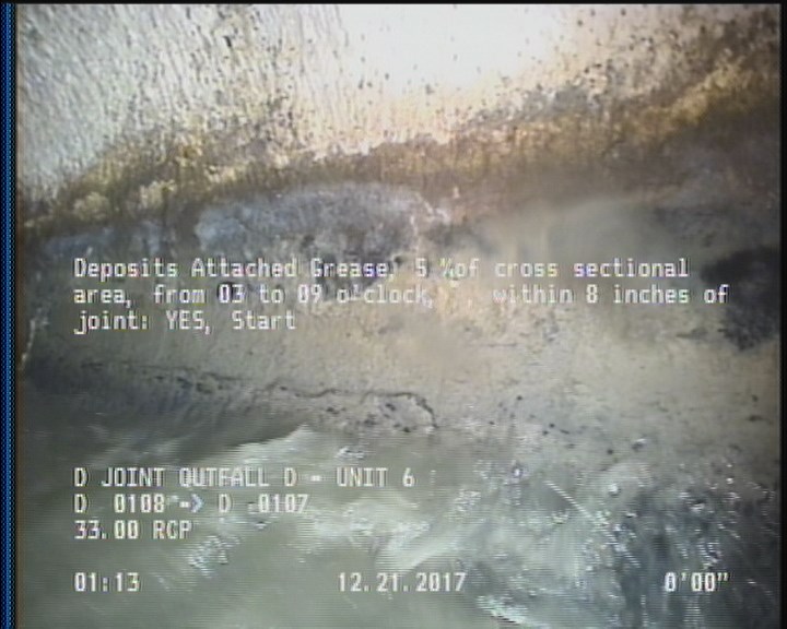 Deposits Attached Grease, 5 %of cross sectional area, from 03 to 09 o'clock, , within 8 inches of joint: YES, Start