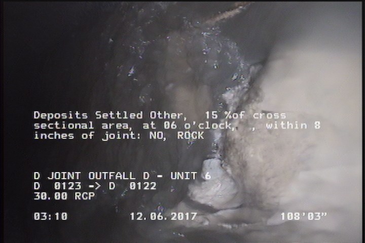 Deposits Settled Other, 15 %of cross sectional area, at 06 o'clock, , within 8 inches of joint: NO - ROCK