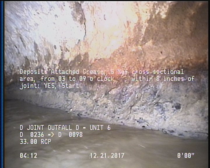 Deposits Attached Grease, 5 %of cross sectional area, from 03 to 09 o'clock, , within 8 inches of joint: YES, Start