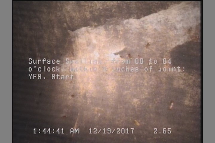 Surface Spalling, from 08 to 04 o'clock, within 8 inches of joint: YES, Start