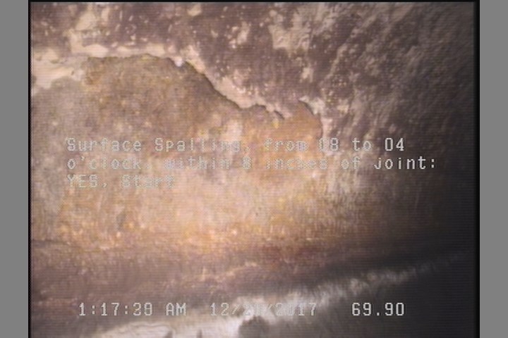 Surface Spalling, from 08 to 04 o'clock, within 8 inches of joint: YES, Start