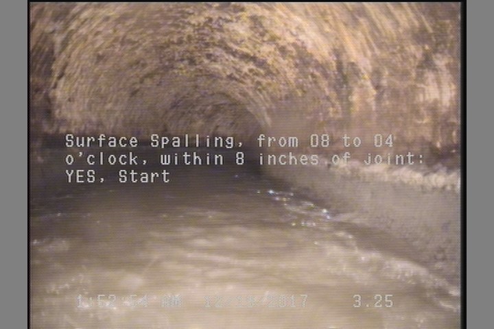 Surface Spalling, from 08 to 04 o'clock, within 8 inches of joint: YES, Start