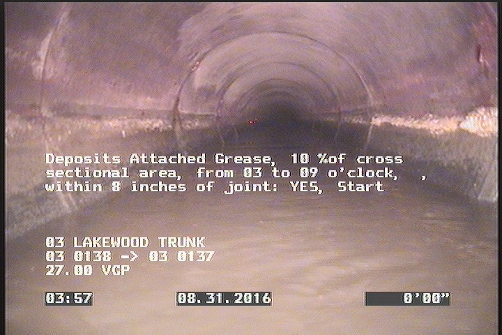 Deposits Attached Grease, 10 %of cross sectional area, from 03 to 09 o'clock, , within 8 inches of joint: YES, Start
