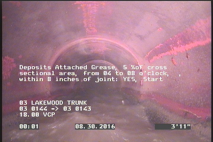 Deposits Attached Grease, 5 %of cross sectional area, from 04 to 08 o'clock, , within 8 inches of joint: YES, Start