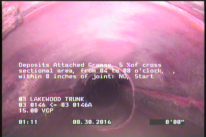Deposits Attached Grease, 5 %of cross sectional area, from 04 to 08 o'clock, , within 8 inches of joint: NO, Start
