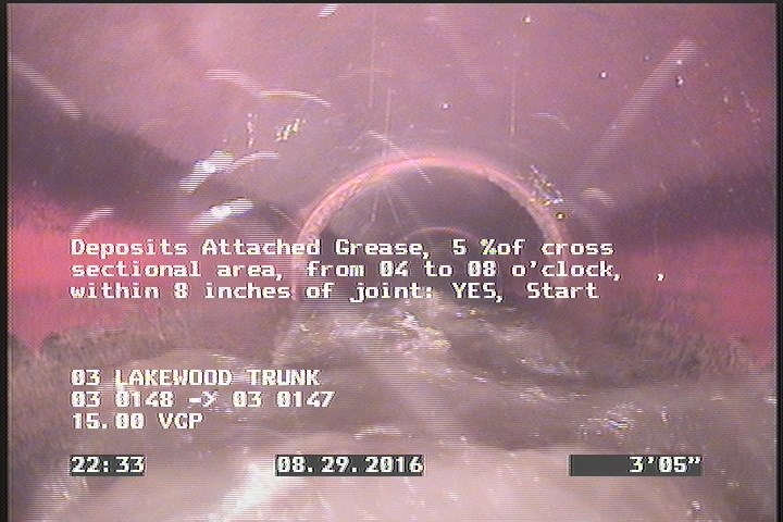 Deposits Attached Grease, 5 %of cross sectional area, from 04 to 08 o'clock, , within 8 inches of joint: YES, Start
