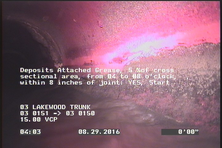 Deposits Attached Grease, 5 %of cross sectional area, from 04 to 08 o'clock, , within 8 inches of joint: YES, Start