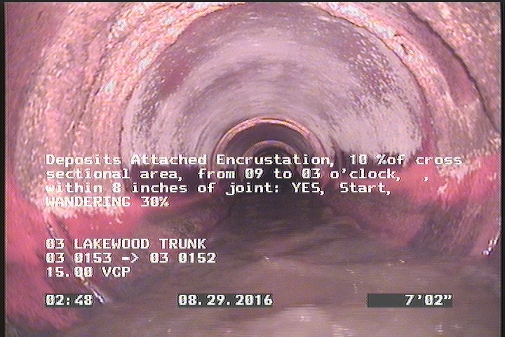 Deposits Attached Encrustation, 10 %of cross sectional area, from 09 to 03 o'clock, , within 8 inches of joint: YES, Start - WANDERING 30%