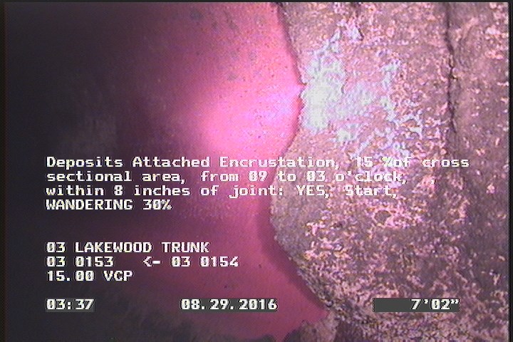 Deposits Attached Encrustation, 15 %of cross sectional area, from 09 to 03 o'clock, , within 8 inches of joint: YES, Start - WANDERING 30%