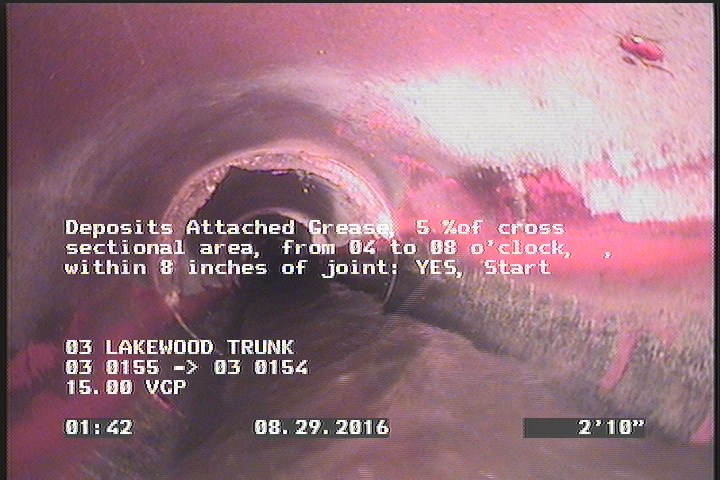 Deposits Attached Grease, 5 %of cross sectional area, from 04 to 08 o'clock, , within 8 inches of joint: YES, Start