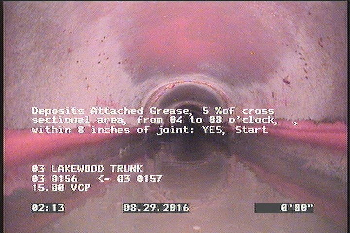 Deposits Attached Grease, 5 %of cross sectional area, from 04 to 08 o'clock, , within 8 inches of joint: YES, Start