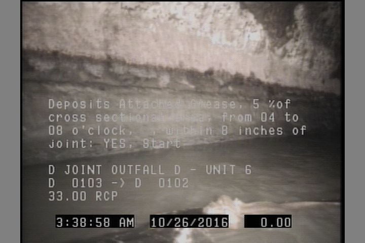 Deposits Attached Grease, 5 %of cross sectional area, from 04 to 08 o'clock, , within 8 inches of joint: YES, Start