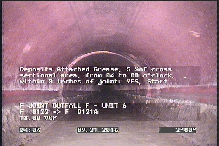 Deposits Attached Grease, 5 %of cross sectional area, from 04 to 08 o'clock, , within 8 inches of joint: YES, Start