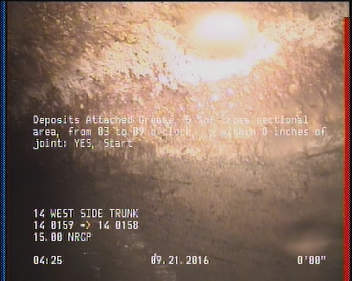Deposits Attached Grease, 5 %of cross sectional area, from 03 to 09 o'clock, , within 8 inches of joint: YES, Start