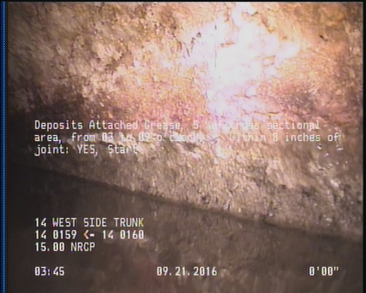 Deposits Attached Grease, 5 %of cross sectional area, from 03 to 09 o'clock, , within 8 inches of joint: YES, Start