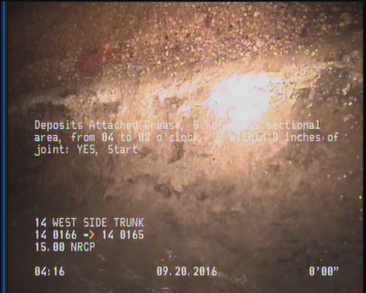 Deposits Attached Grease, 5 %of cross sectional area, from 04 to 08 o'clock, , within 8 inches of joint: YES, Start