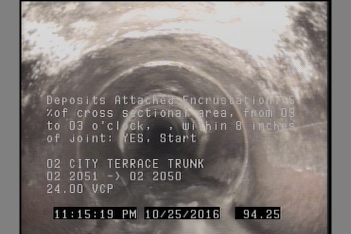 Deposits Attached Encrustation, 5 %of cross sectional area, from 09 to 03 o'clock, , within 8 inches of joint: YES, Start