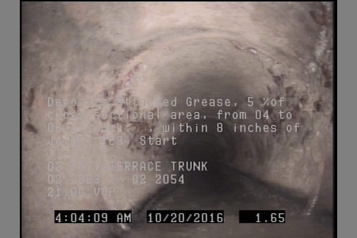 Deposits Attached Grease, 5 %of cross sectional area, from 04 to 08 o'clock, , within 8 inches of joint: YES, Start