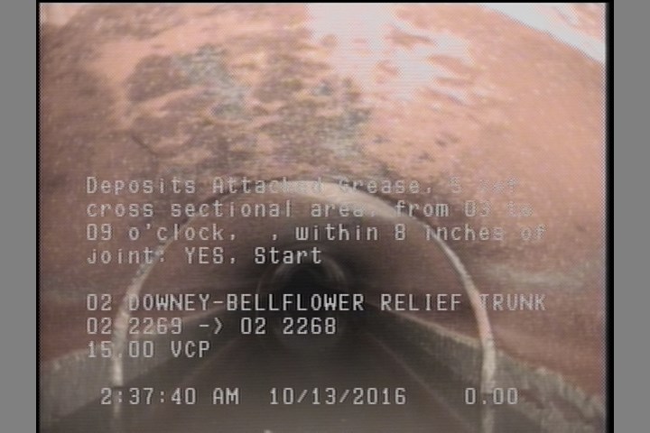 Deposits Attached Grease, 5 %of cross sectional area, from 03 to 09 o'clock, , within 8 inches of joint: YES, Start