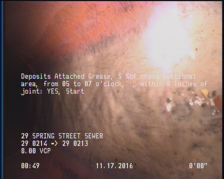 Deposits Attached Grease, 5 %of cross sectional area, from 05 to 07 o'clock, , within 8 inches of joint: YES, Start