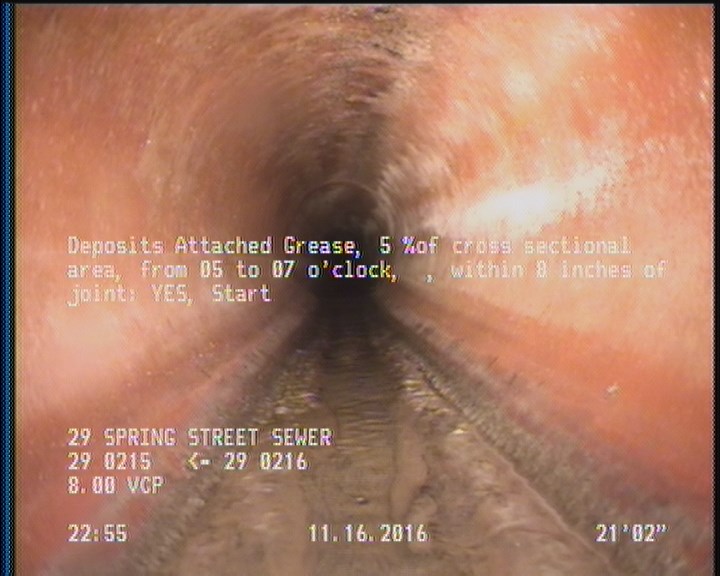 Deposits Attached Grease, 5 %of cross sectional area, from 05 to 07 o'clock, , within 8 inches of joint: YES, Start