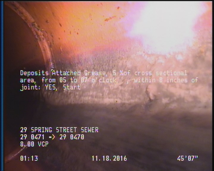 Deposits Attached Grease, 5 %of cross sectional area, from 05 to 07 o'clock, , within 8 inches of joint: YES, Start