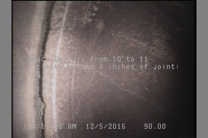 Crack Spiral, from 10 to 11 o'clock, within 8 inches of joint: YES