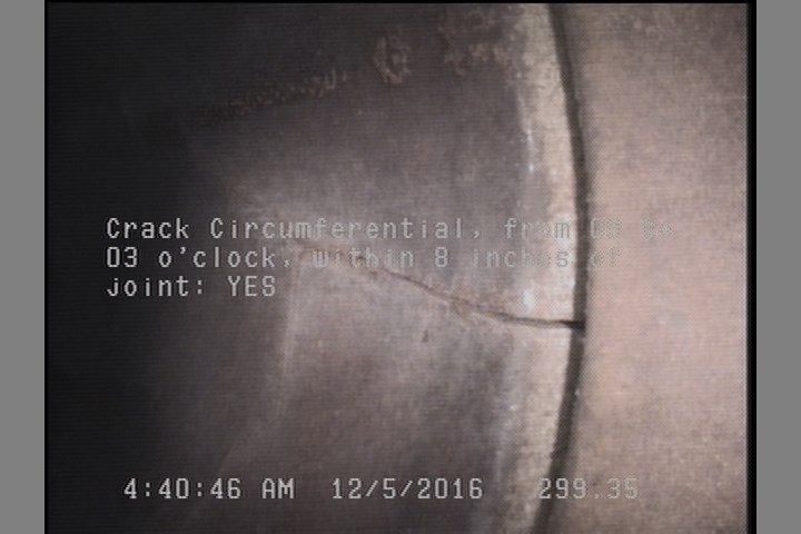 Crack Circumferential, from 09 to 03 o'clock, within 8 inches of joint: YES