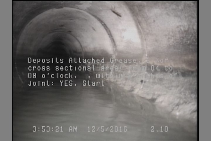 Deposits Attached Grease, 5 %of cross sectional area, from 04 to 08 o'clock, , within 8 inches of joint: YES, Start