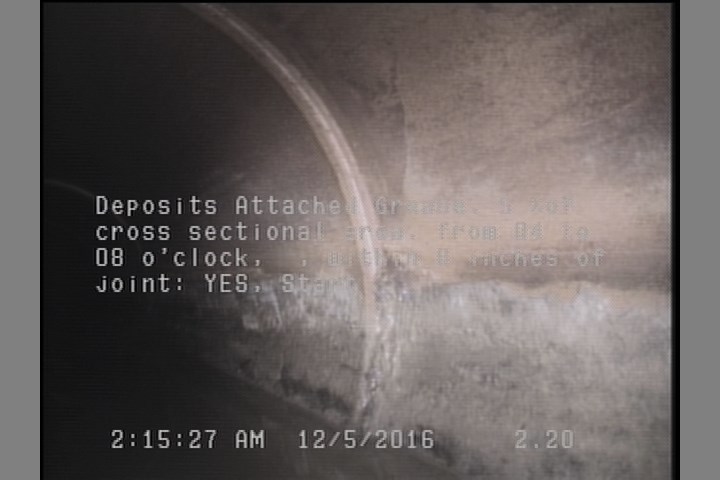 Deposits Attached Grease, 5 %of cross sectional area, from 04 to 08 o'clock, , within 8 inches of joint: YES, Start