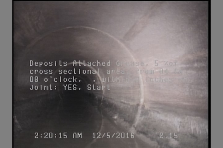 Deposits Attached Grease, 5 %of cross sectional area, from 04 to 08 o'clock, , within 8 inches of joint: YES, Start