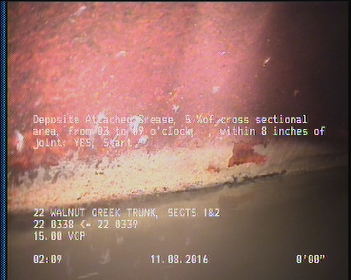 Deposits Attached Grease, 5 %of cross sectional area, from 03 to 09 o'clock, , within 8 inches of joint: YES, Start