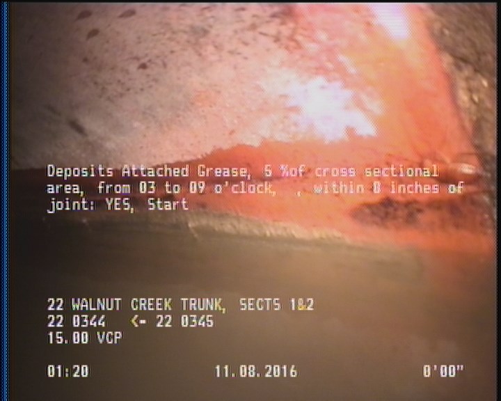 Deposits Attached Grease, 5 %of cross sectional area, from 03 to 09 o'clock, , within 8 inches of joint: YES, Start