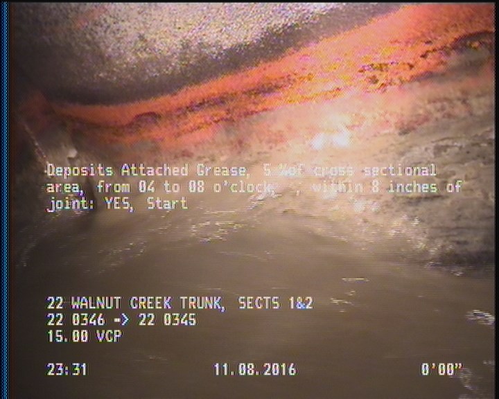 Deposits Attached Grease, 5 %of cross sectional area, from 04 to 08 o'clock, , within 8 inches of joint: YES, Start