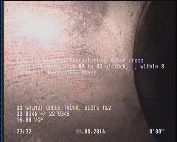 Deposits Attached Encrustation, 5 %of cross sectional area, from 09 to 03 o'clock, , within 8 inches of joint: YES, Start
