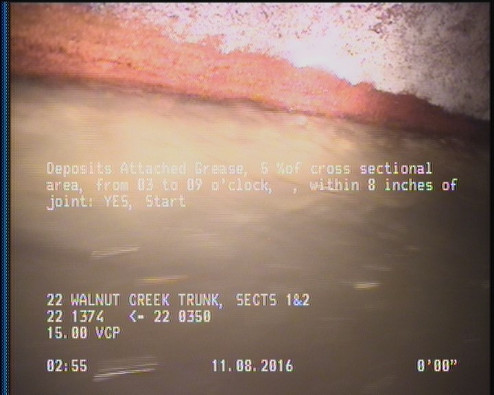 Deposits Attached Grease, 5 %of cross sectional area, from 03 to 09 o'clock, , within 8 inches of joint: YES, Start