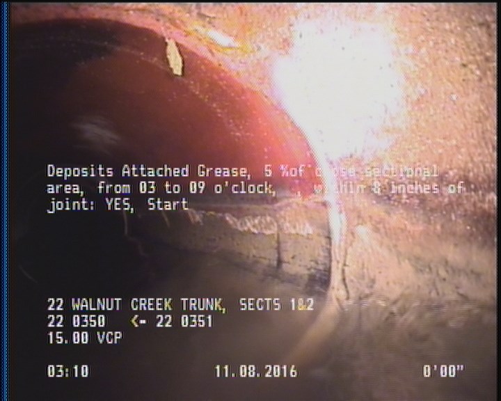 Deposits Attached Grease, 5 %of cross sectional area, from 03 to 09 o'clock, , within 8 inches of joint: YES, Start