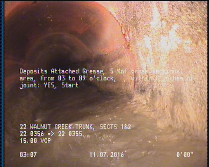 Deposits Attached Grease, 5 %of cross sectional area, from 03 to 09 o'clock, , within 8 inches of joint: YES, Start