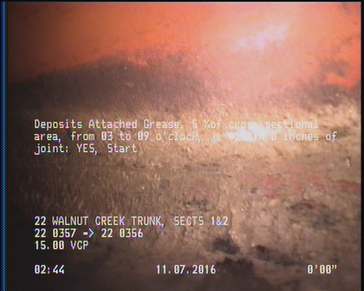 Deposits Attached Grease, 5 %of cross sectional area, from 03 to 09 o'clock, , within 8 inches of joint: YES, Start