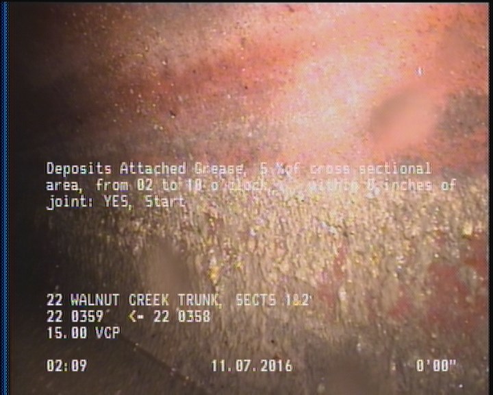 Deposits Attached Grease, 5 %of cross sectional area, from 02 to 10 o'clock, , within 8 inches of joint: YES, Start