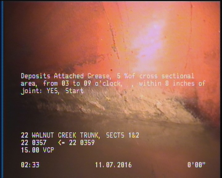 Deposits Attached Grease, 5 %of cross sectional area, from 03 to 09 o'clock, , within 8 inches of joint: YES, Start
