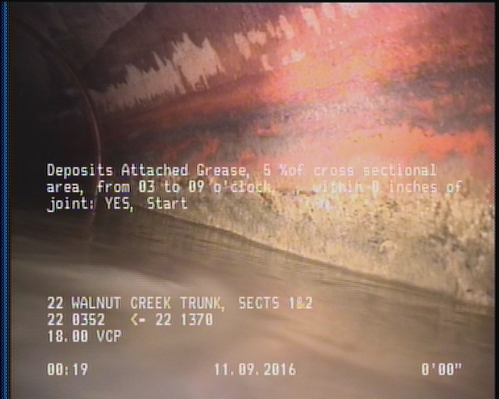 Deposits Attached Grease, 5 %of cross sectional area, from 03 to 09 o'clock, , within 8 inches of joint: YES, Start