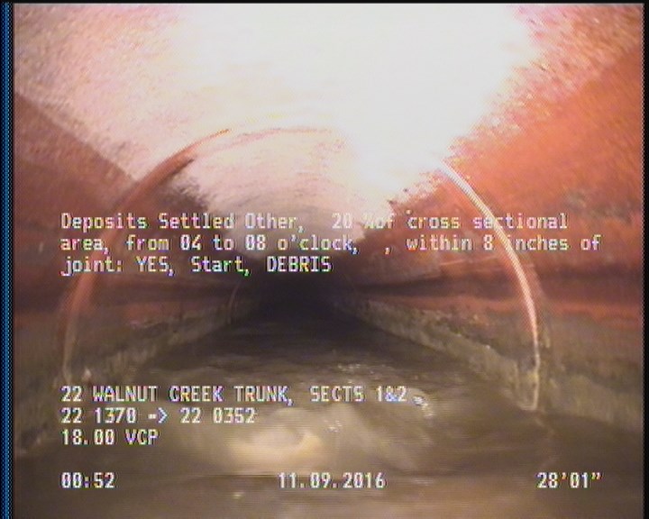 Deposits Settled Other, 20 %of cross sectional area, from 04 to 08 o'clock, , within 8 inches of joint: YES, Start - DEBRIS
