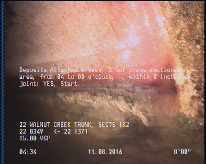 Deposits Attached Grease, 5 %of cross sectional area, from 04 to 08 o'clock, , within 8 inches of joint: YES, Start