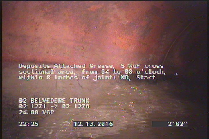 Deposits Attached Grease, 5 %of cross sectional area, from 04 to 08 o'clock, , within 8 inches of joint: NO, Start