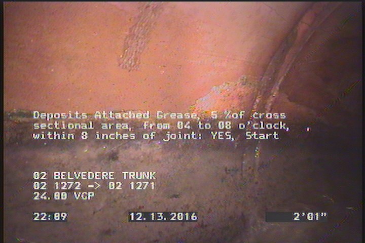 Deposits Attached Grease, 5 %of cross sectional area, from 04 to 08 o'clock, , within 8 inches of joint: YES, Start