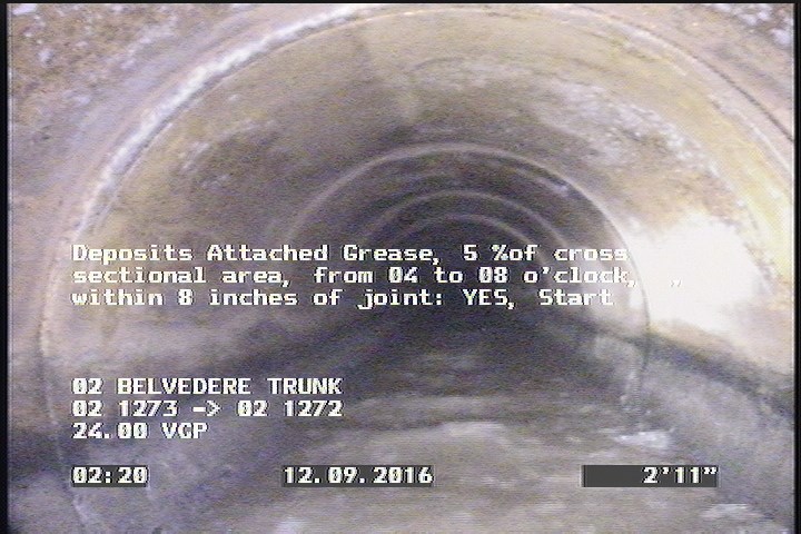 Deposits Attached Grease, 5 %of cross sectional area, from 04 to 08 o'clock, , within 8 inches of joint: YES, Start